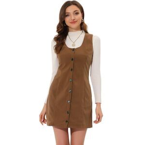 Corduroy Overall Dress Scoop Neck Button Down Pinafore Dresses Brown